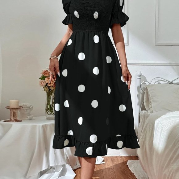 Black Boho Womens Polka Dot Print Puff Sleeve Shirred Ruffle Hem Dress - Picture 4 of 5